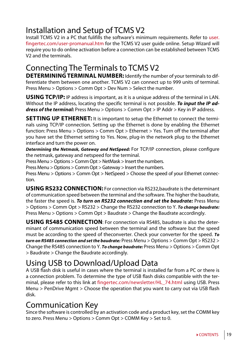 Installation and setup of tcms v2, Connecting the terminals to tcms v2, Using usb to download/upload data | Communication key | FingerTec TA200 Plus Manual User Manual | Page 18 / 29