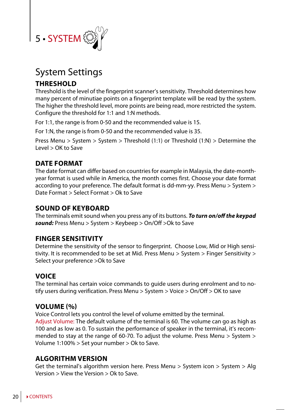 Chapter 5 • system, System settings, Data management | Data update using usb flash disk, Keyboard, Display settings, Reset, Misc settings, 5 • system system settings | FingerTec TA200 Plus Manual User Manual | Page 19 / 29