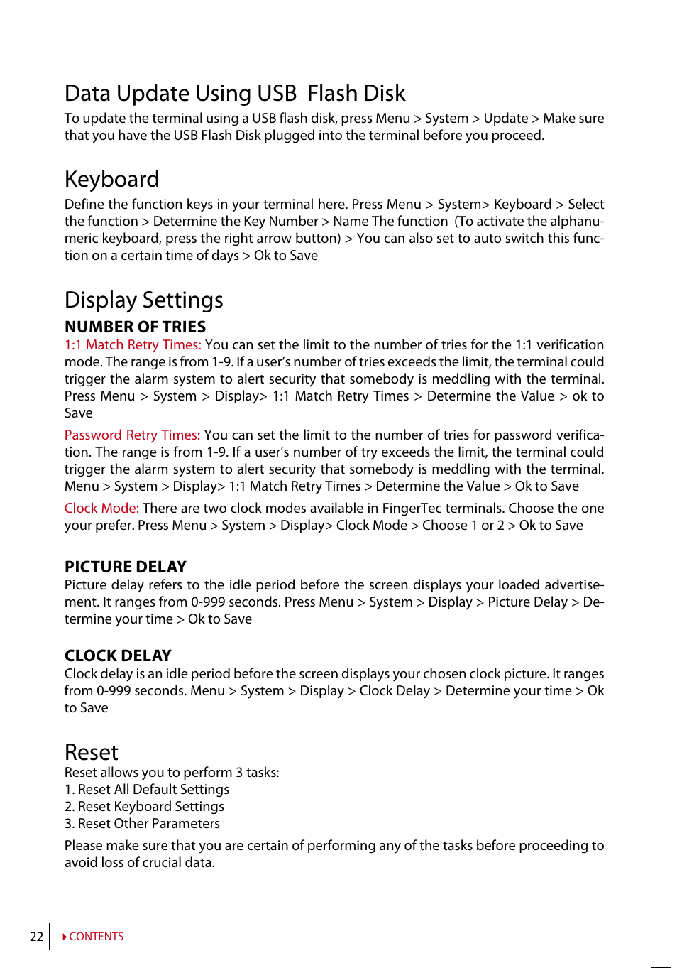 Data update using usb flash disk, Keyboard, Display settings | Reset | FingerTec TA200 Plus Manual User Manual | Page 21 / 29