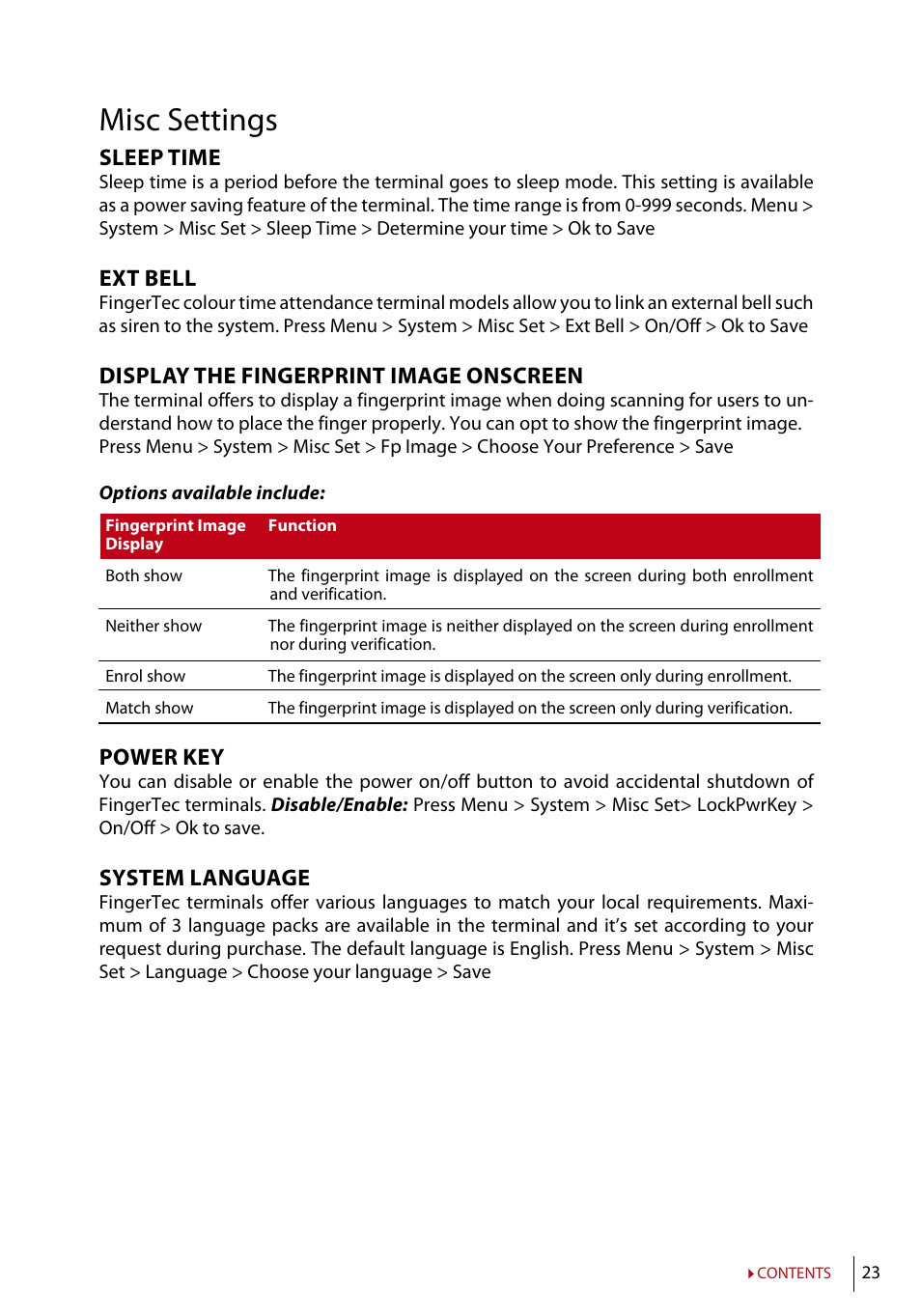 Misc settings, Sleep time, Ext bell | Display the fingerprint image onscreen, Power key, System language | FingerTec TA200 Plus Manual User Manual | Page 22 / 29