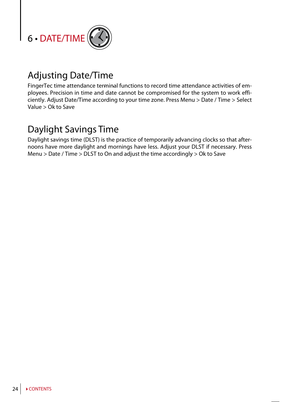 Chapter 6 • date/time, Setting date/time, Daylight saving time | 6 • date/time adjusting date/time, Daylight savings time | FingerTec TA200 Plus Manual User Manual | Page 23 / 29