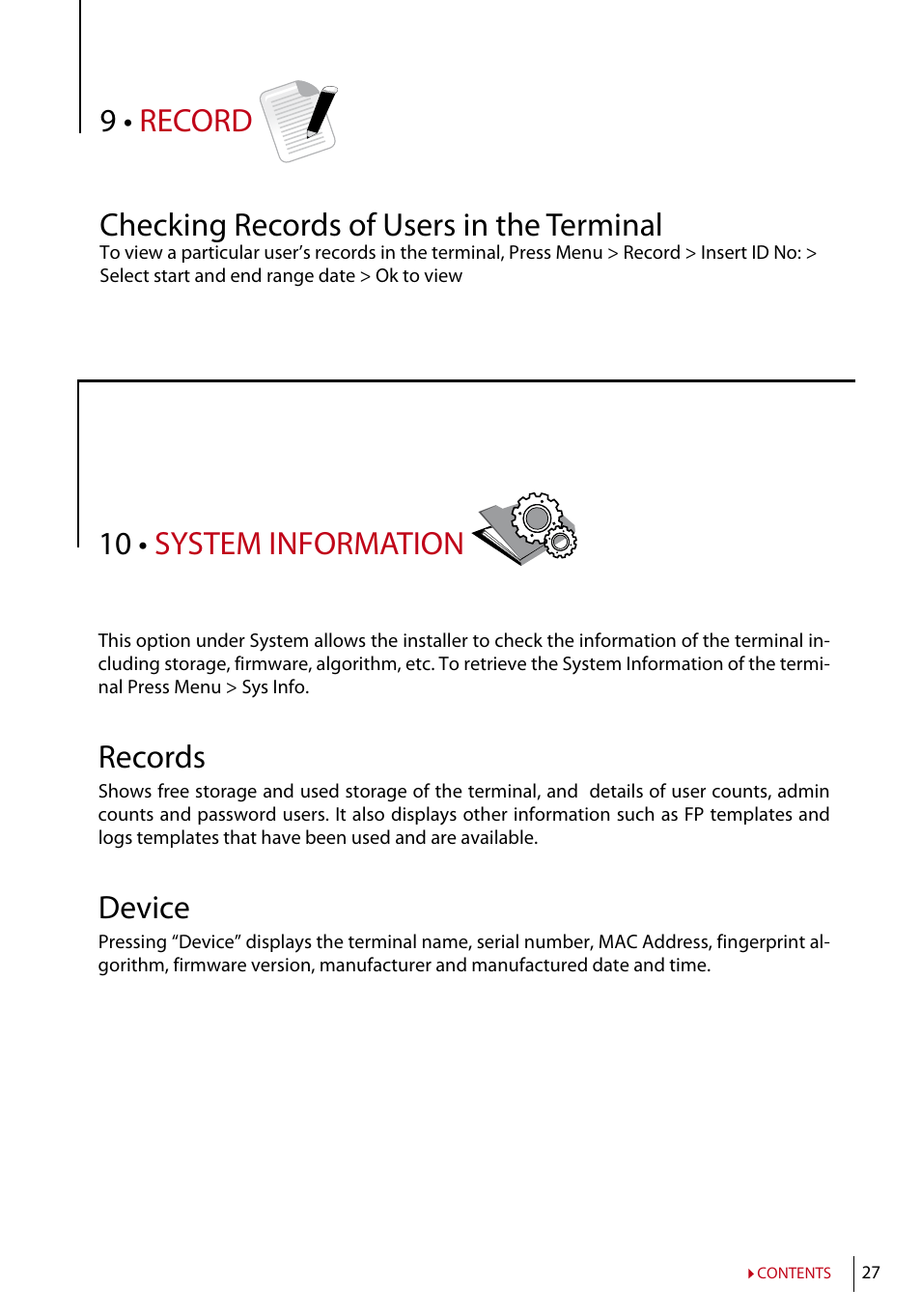 Chapter 9 • record, Checking records of users in the, Terminal | Chapter 10 • system, Information, Records, Device, 10 • system information | FingerTec TA200 Plus Manual User Manual | Page 26 / 29