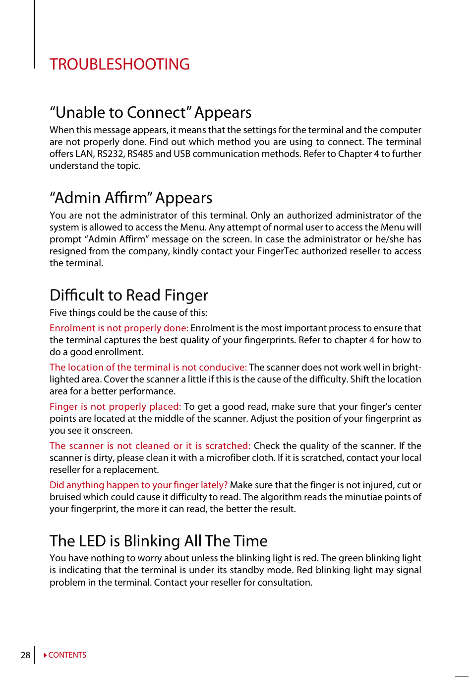 Troubleshooting, Unable to connect” appears, Admin affirm” appears | Difficult to read finger, The led is blinking all the time, Duplicate finger” appears, Rfid card doesn’t respond, No sound, Troubleshooting “unable to connect” appears | FingerTec TA200 Plus Manual User Manual | Page 27 / 29