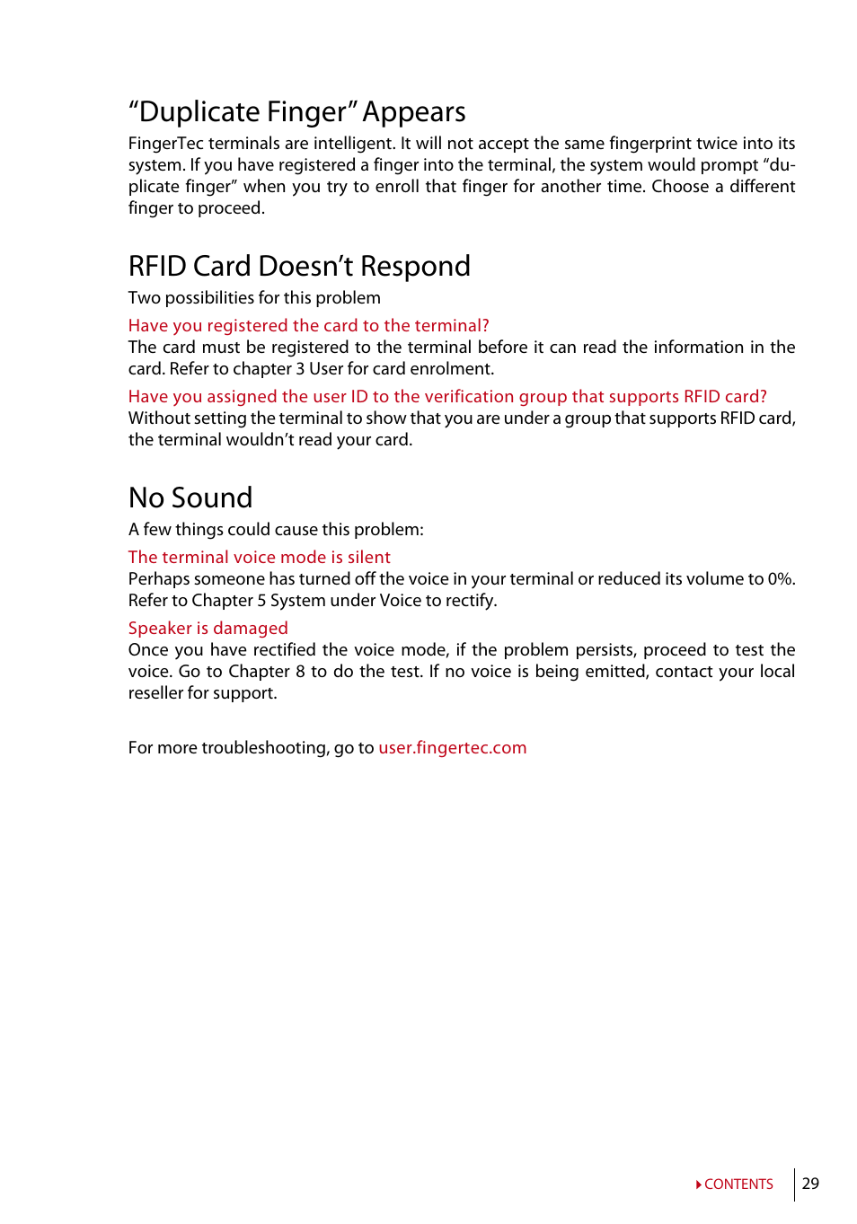 Duplicate finger” appears, Rfid card doesn’t respond, No sound | FingerTec TA200 Plus Manual User Manual | Page 28 / 29