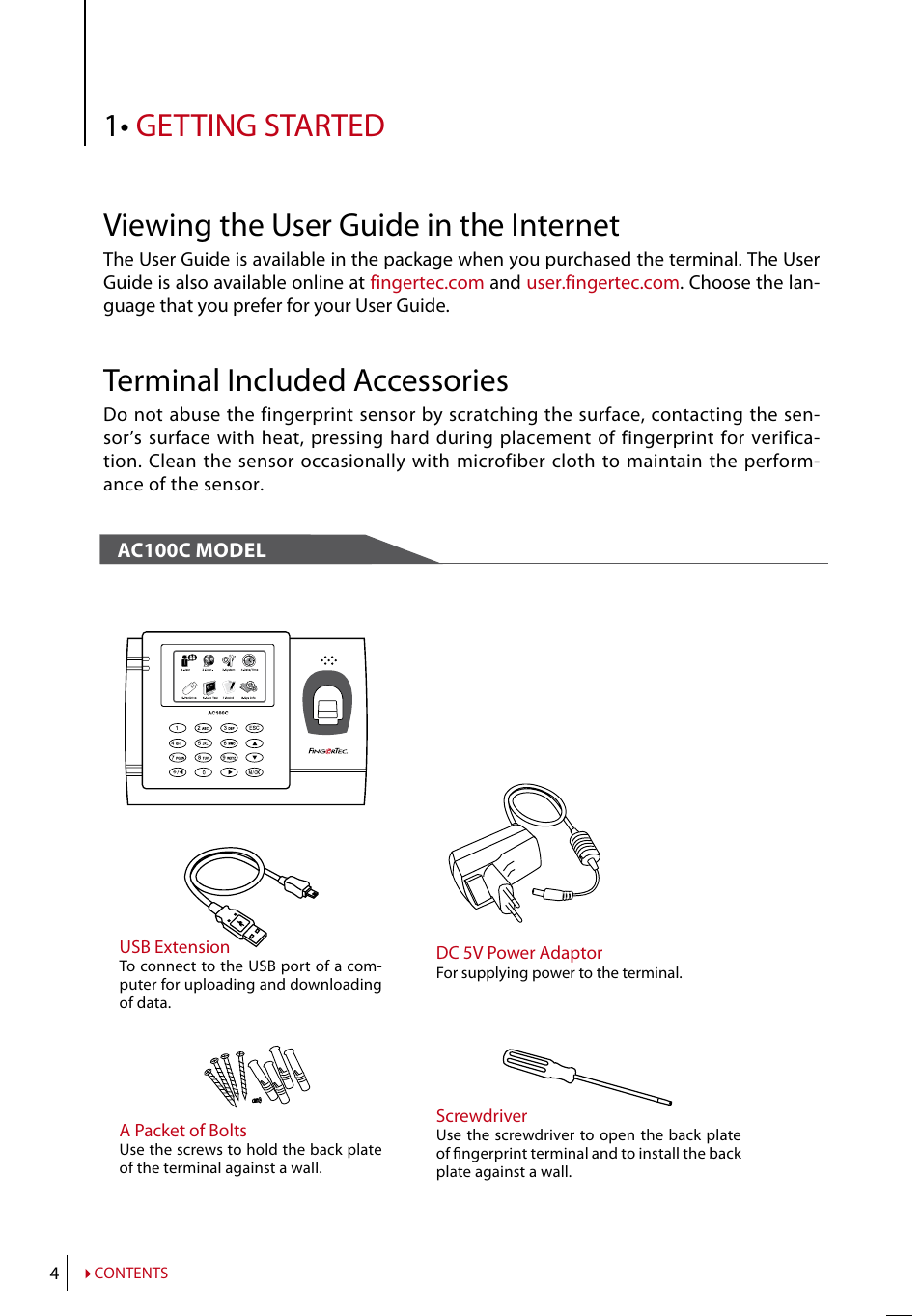 Chapter 1 • getting started, Viewing the user guide in the internet, Terminal included accessories | Included printed materials, Activating terminal, Registering terminal | FingerTec TA200 Plus Manual User Manual | Page 3 / 29