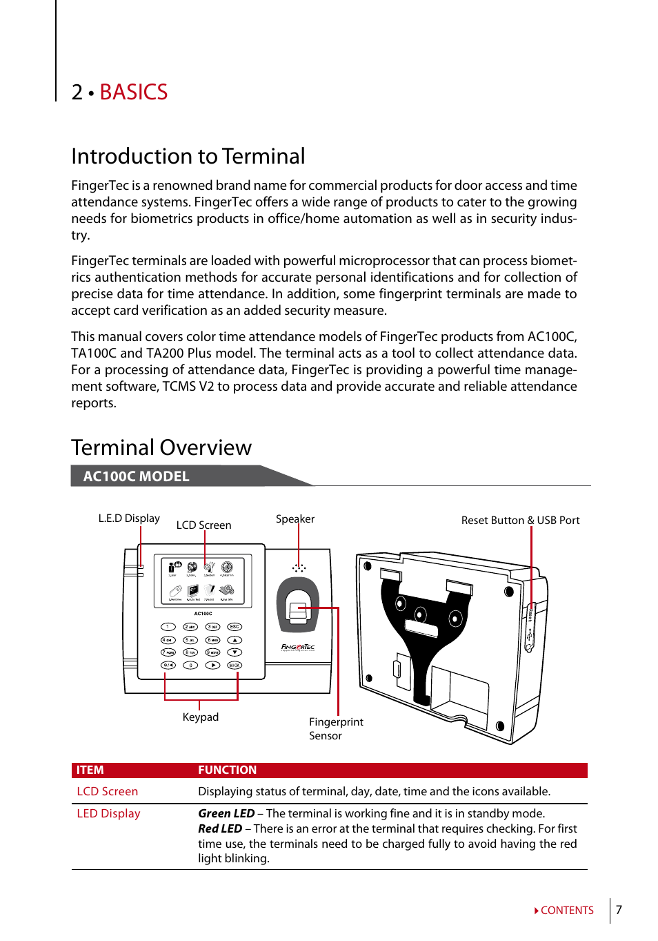 Chapter 2 • basics, Introduction to terminal, Terminal overview | Main menu, Power on/off button, Battery, Date/time, Voice control, Security features, Cleaning terminal | FingerTec TA200 Plus Manual User Manual | Page 6 / 29