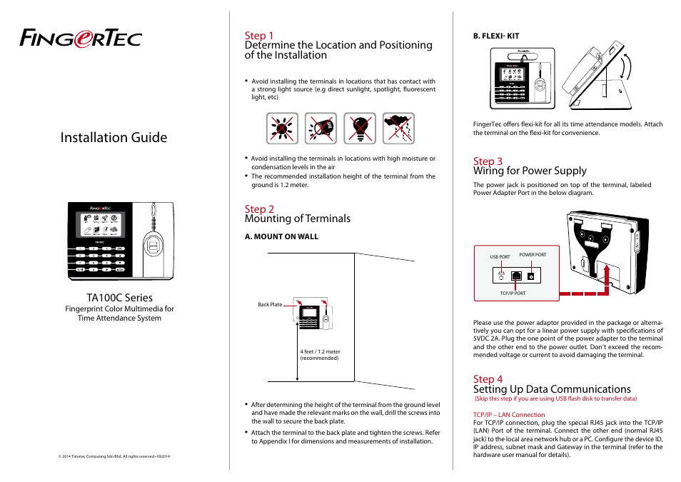 FingerTec TA100C Installation Guide User Manual | 2 pages