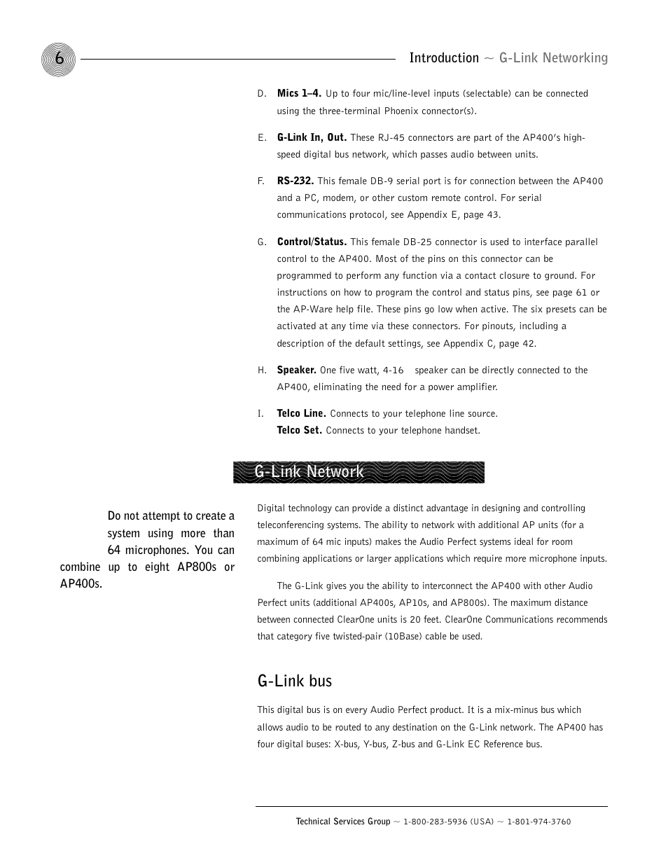 G-link bus, G-link network | ClearOne AP400 User Manual | Page 10 / 74