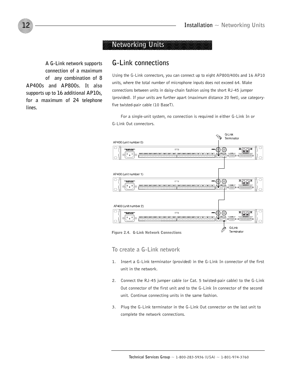 G-link connections, Networking units | ClearOne AP400 User Manual | Page 16 / 74