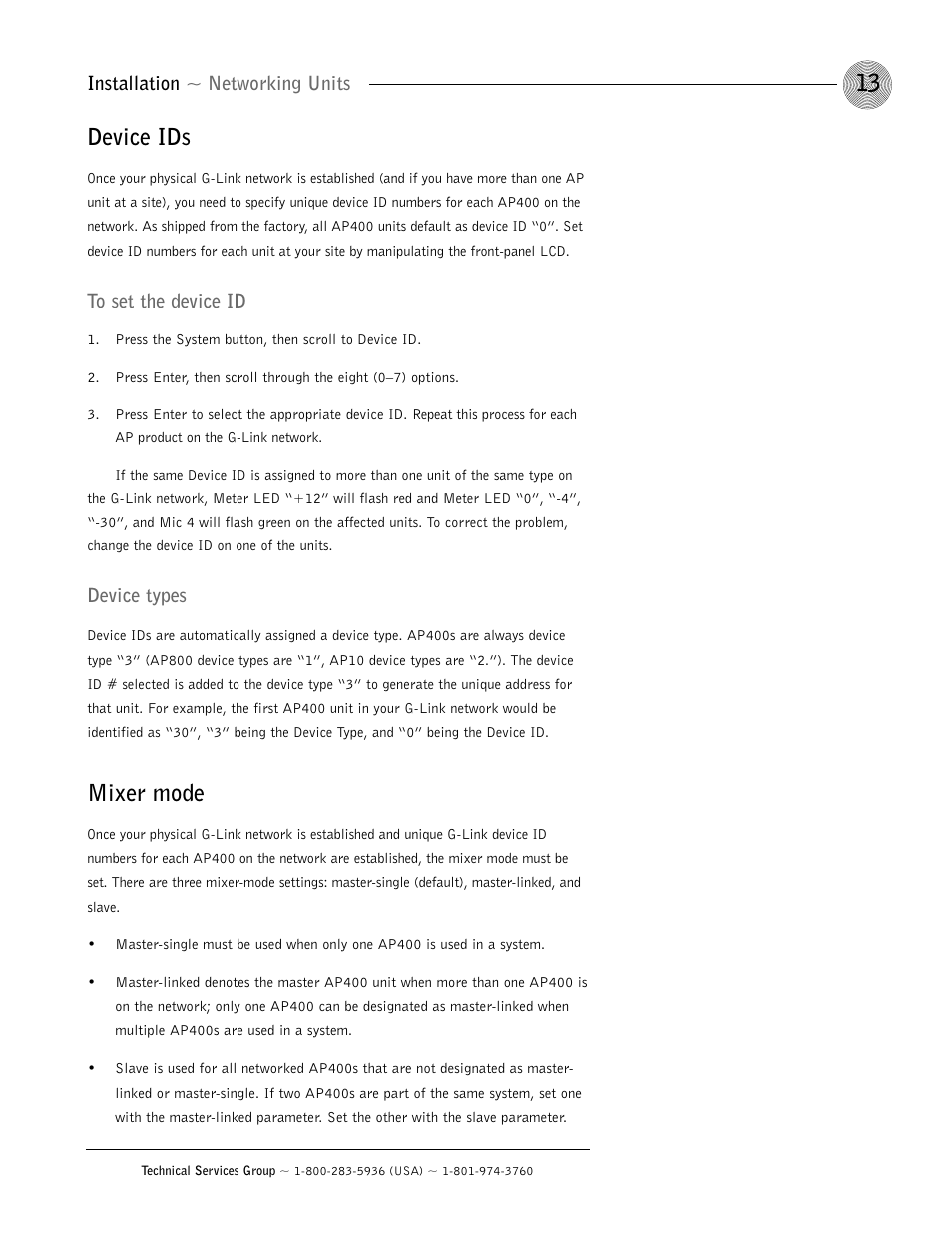 Device ids, Mixer mode, Installation ~ networking units | Device types | ClearOne AP400 User Manual | Page 17 / 74