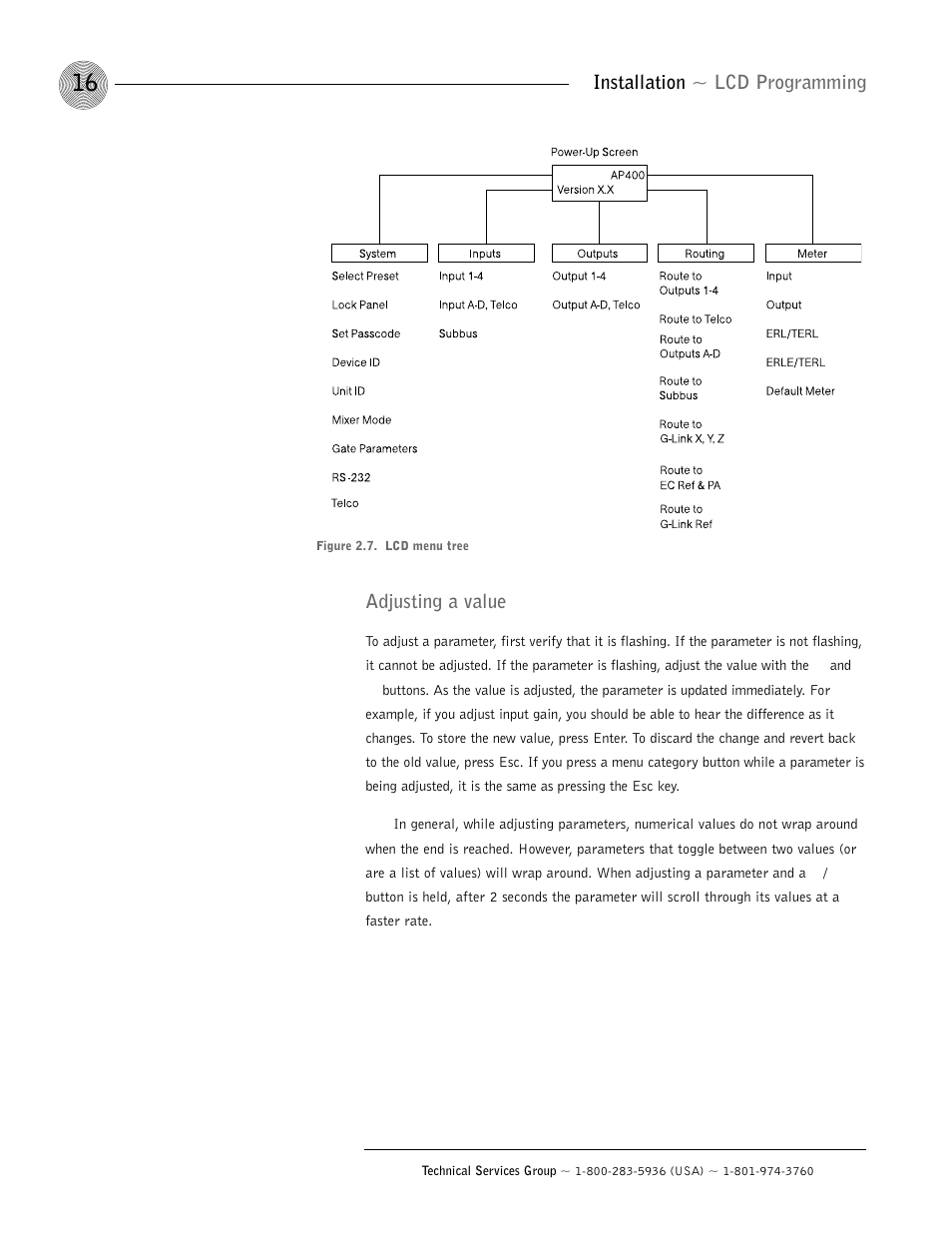 Installation ~ lcd programming, Adjusting a value | ClearOne AP400 User Manual | Page 20 / 74