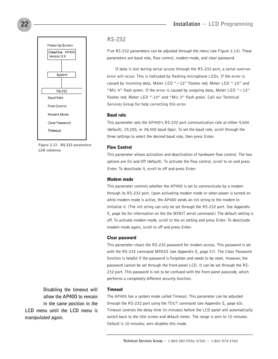 Installation ~ lcd programming, Rs-232 | ClearOne AP400 User Manual | Page 26 / 74