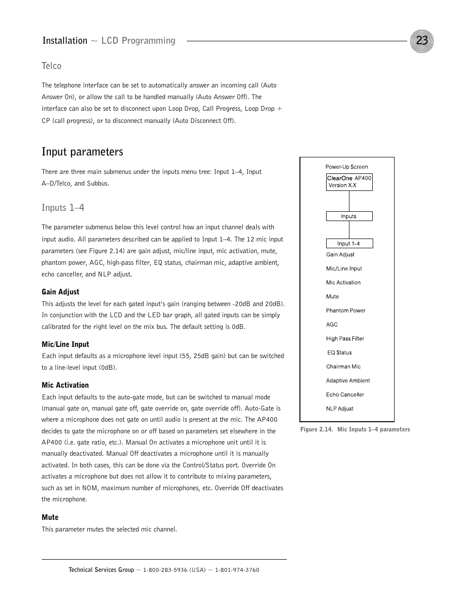 Input parameters, Installation ~ lcd programming telco, Inputs 1–4 | ClearOne AP400 User Manual | Page 27 / 74