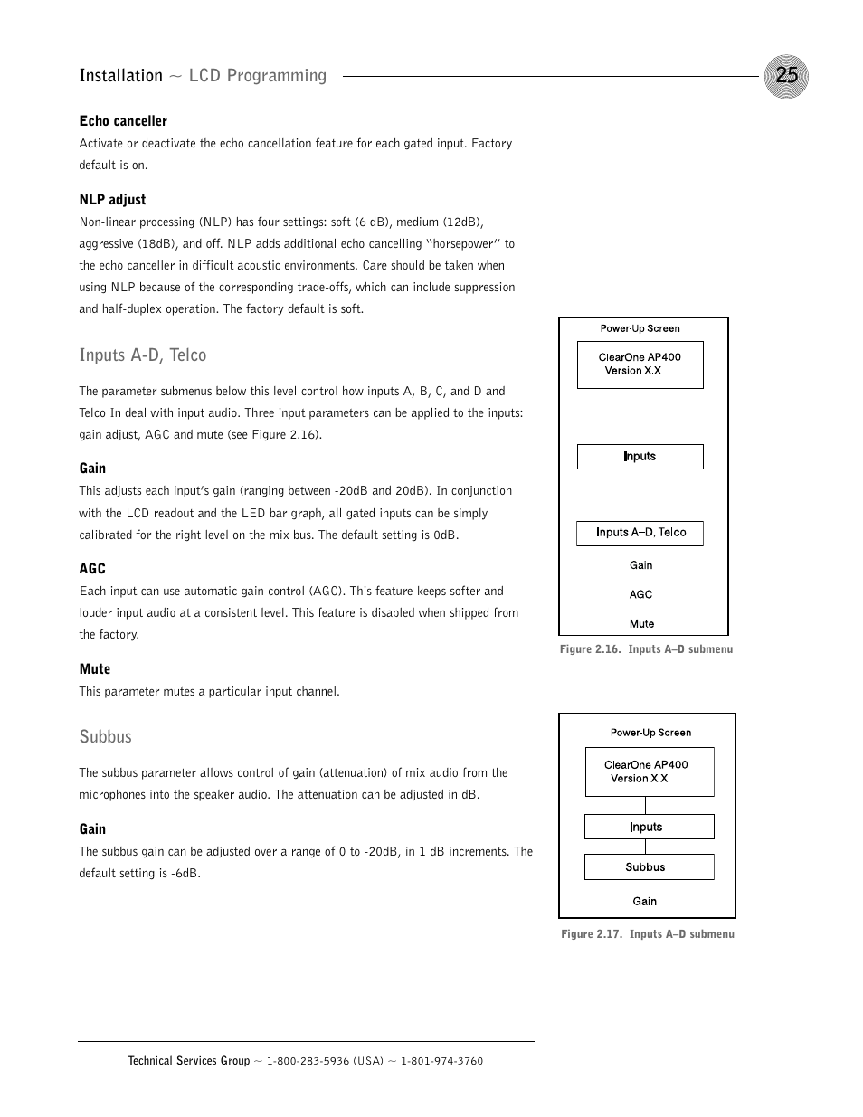 Installation ~ lcd programming, Inputs a-d, telco, Subbus | ClearOne AP400 User Manual | Page 29 / 74