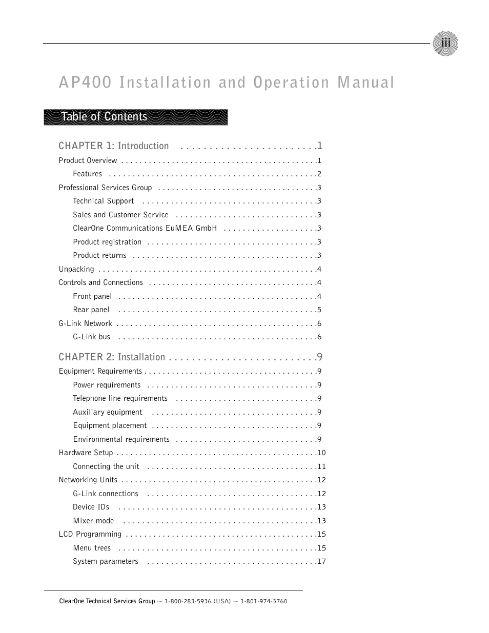 ClearOne AP400 User Manual | Page 3 / 74