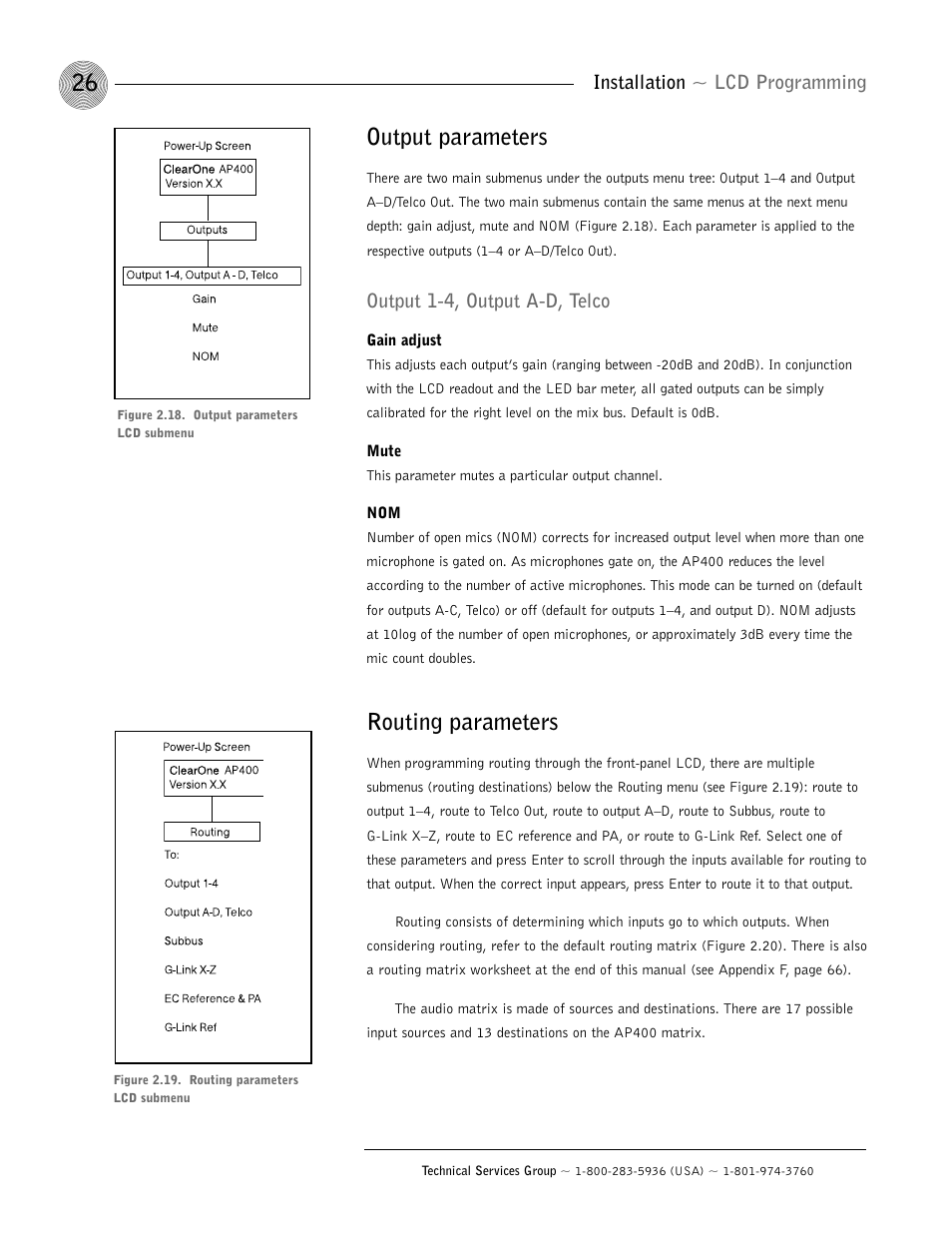 Output parameters, Routing parameters, Installation ~ lcd programming | Output 1-4, output a-d, telco | ClearOne AP400 User Manual | Page 30 / 74