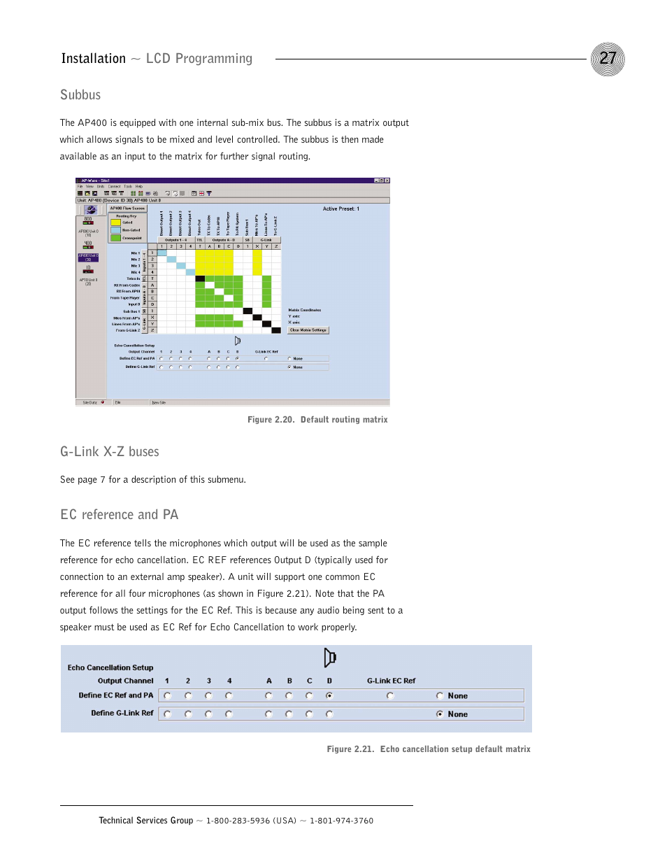 Installation ~ lcd programming g-link x-z buses, Ec reference and pa, Subbus | ClearOne AP400 User Manual | Page 31 / 74