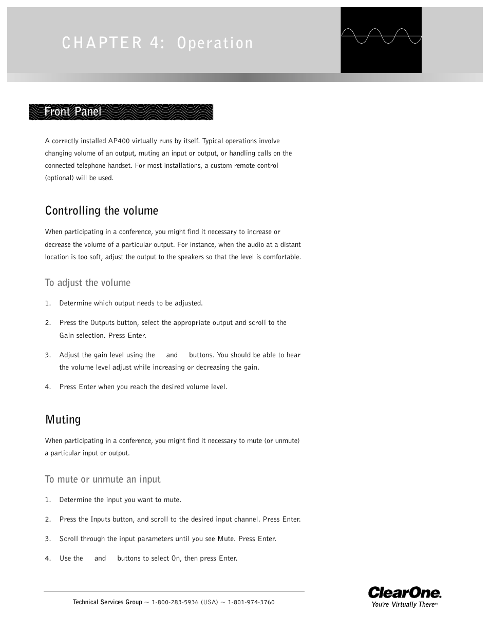 Chapter 4: operation, Controlling the volume, Muting | Front panel | ClearOne AP400 User Manual | Page 37 / 74