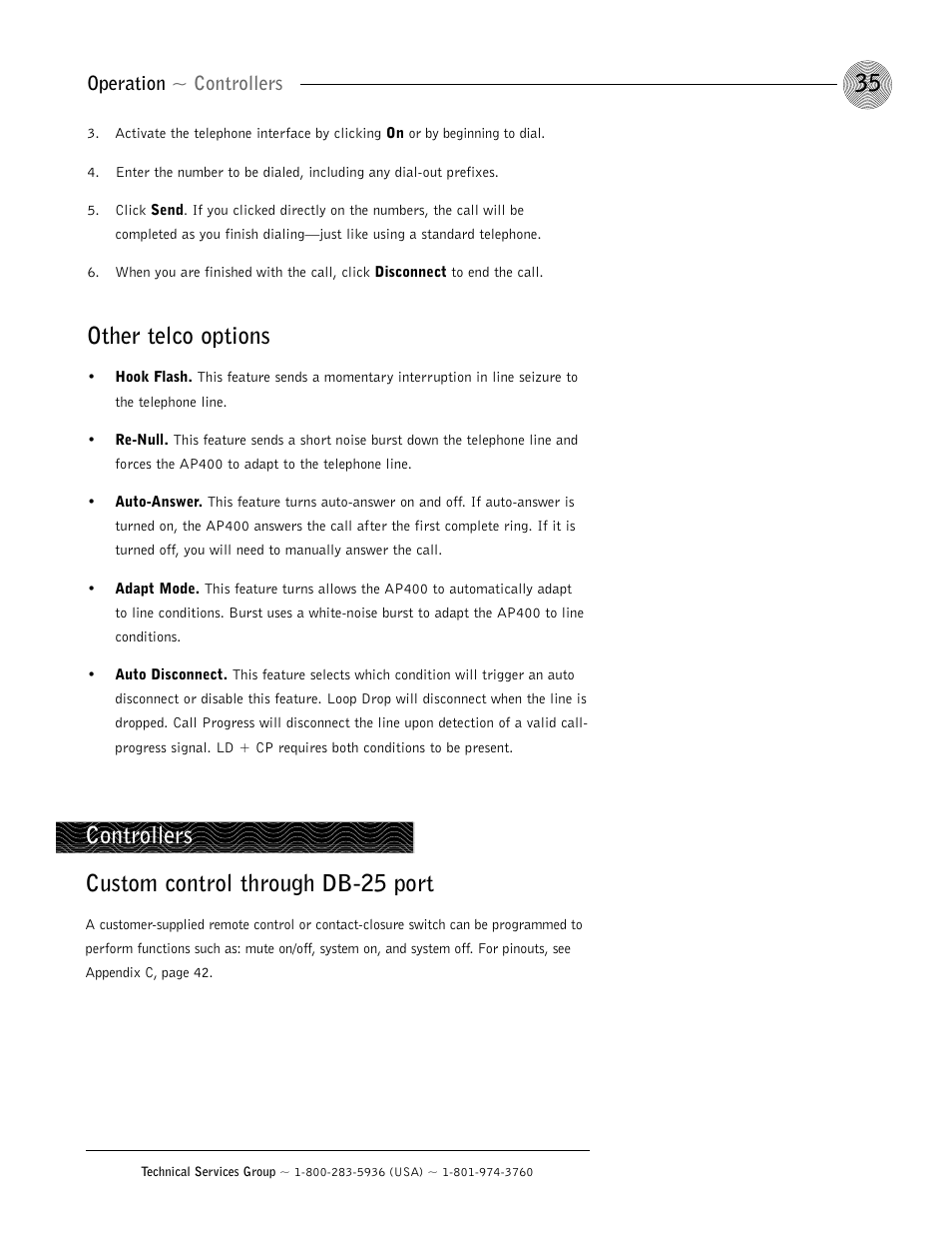 Other telco options, Custom control through db-25 port, Controllers | Operation ~ controllers | ClearOne AP400 User Manual | Page 39 / 74