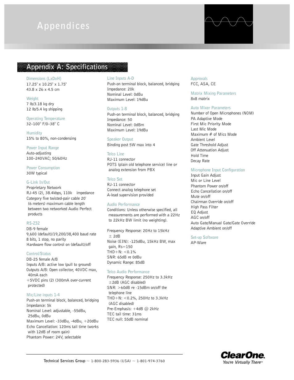 Appendices, Appendix a: specifications | ClearOne AP400 User Manual | Page 41 / 74