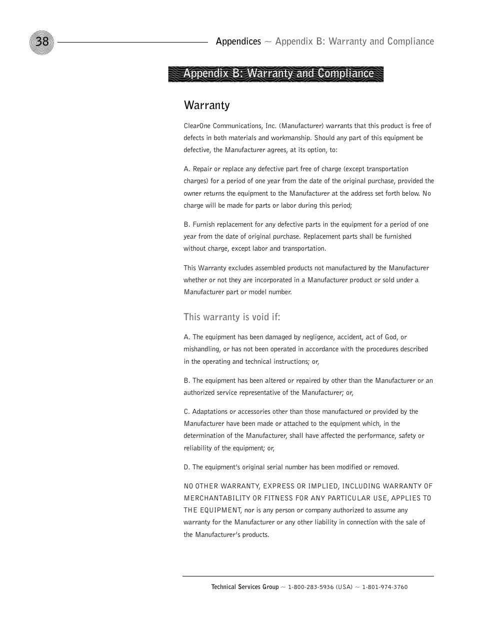 Warranty, Appendix b: warranty and compliance, Appendices ~ appendix b: warranty and compliance | This warranty is void if | ClearOne AP400 User Manual | Page 42 / 74