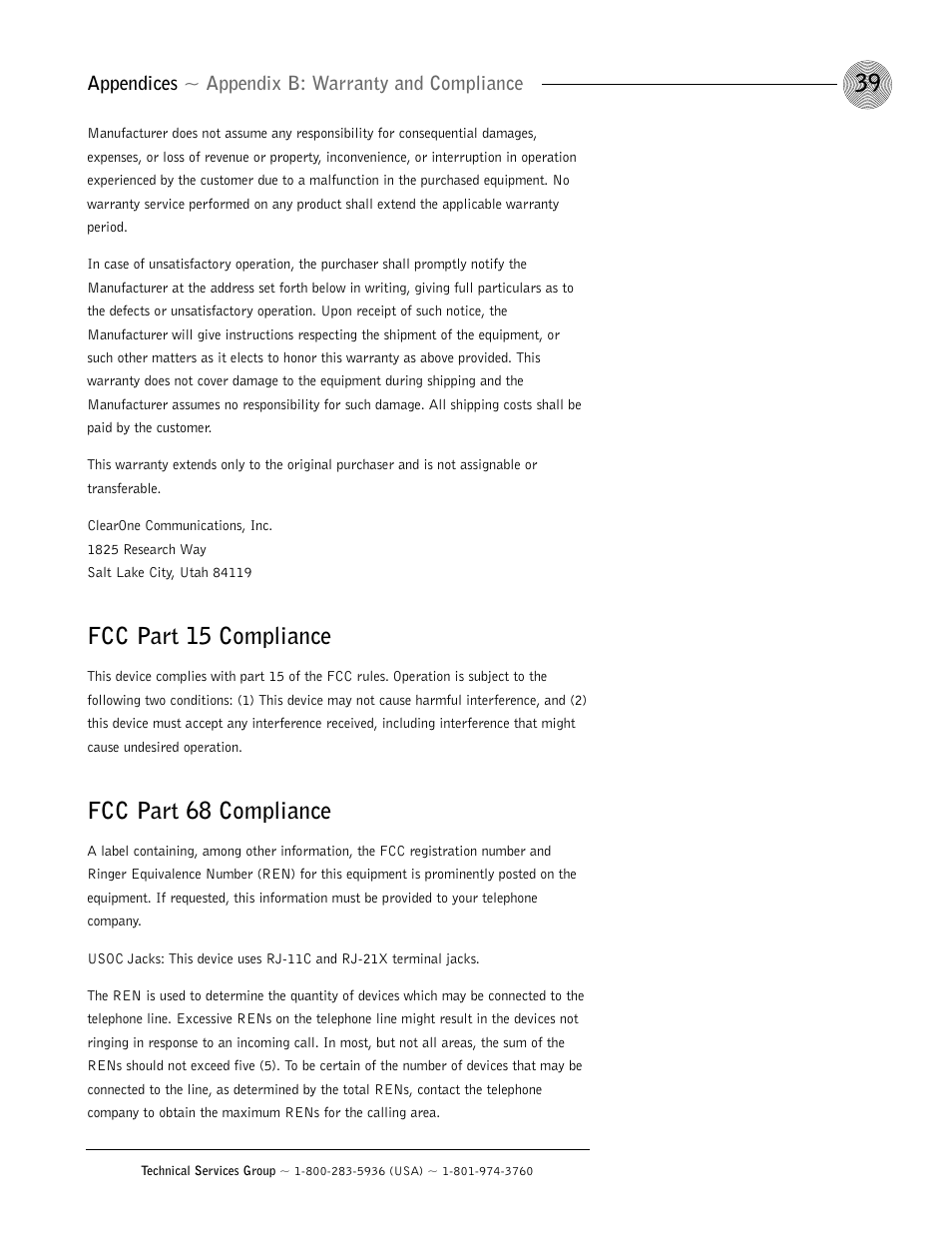 Fcc part 15 compliance, Fcc part 68 compliance, Appendices ~ appendix b: warranty and compliance | ClearOne AP400 User Manual | Page 43 / 74