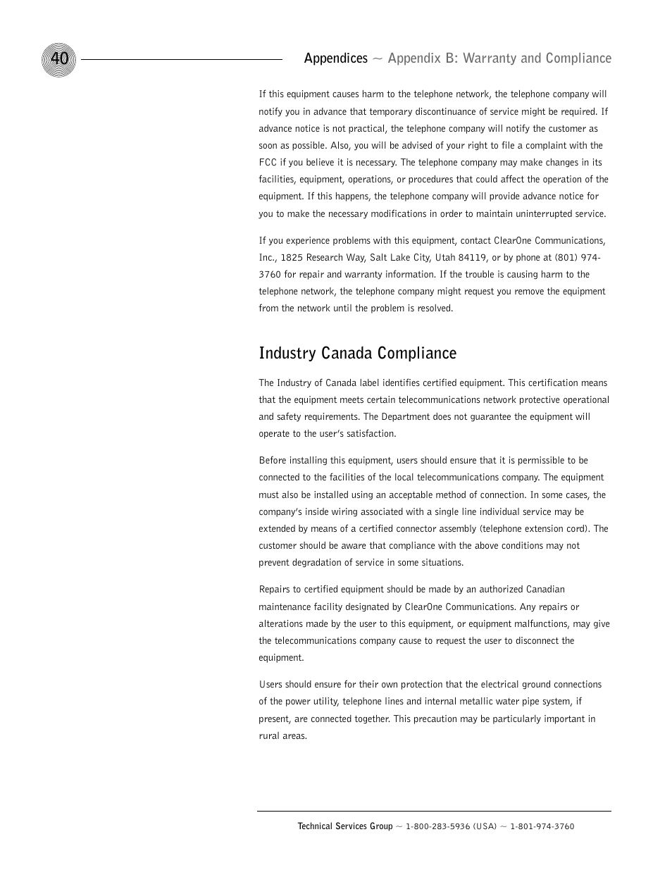 Industry canada compliance, Appendices ~ appendix b: warranty and compliance | ClearOne AP400 User Manual | Page 44 / 74