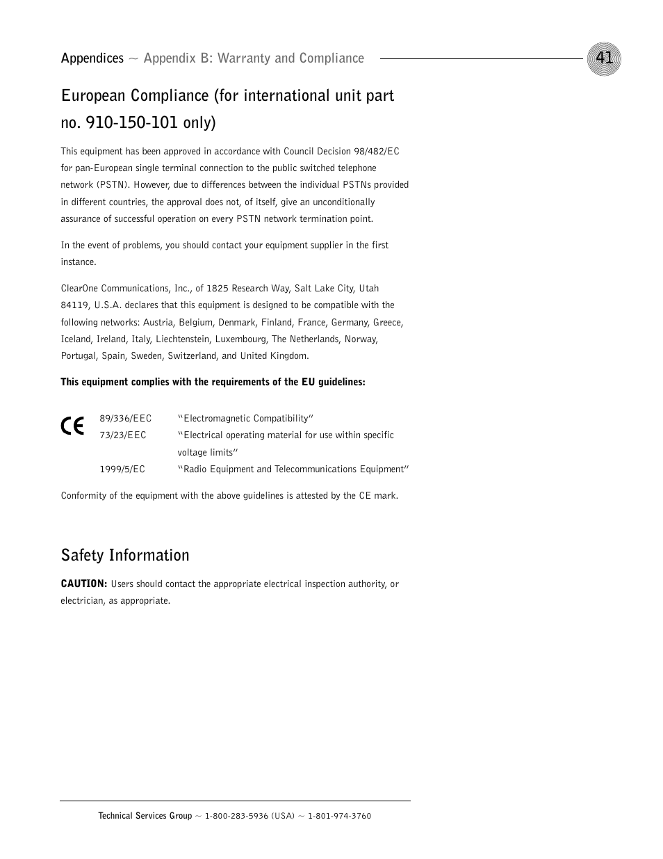 Safety information, Appendices ~ appendix b: warranty and compliance | ClearOne AP400 User Manual | Page 45 / 74