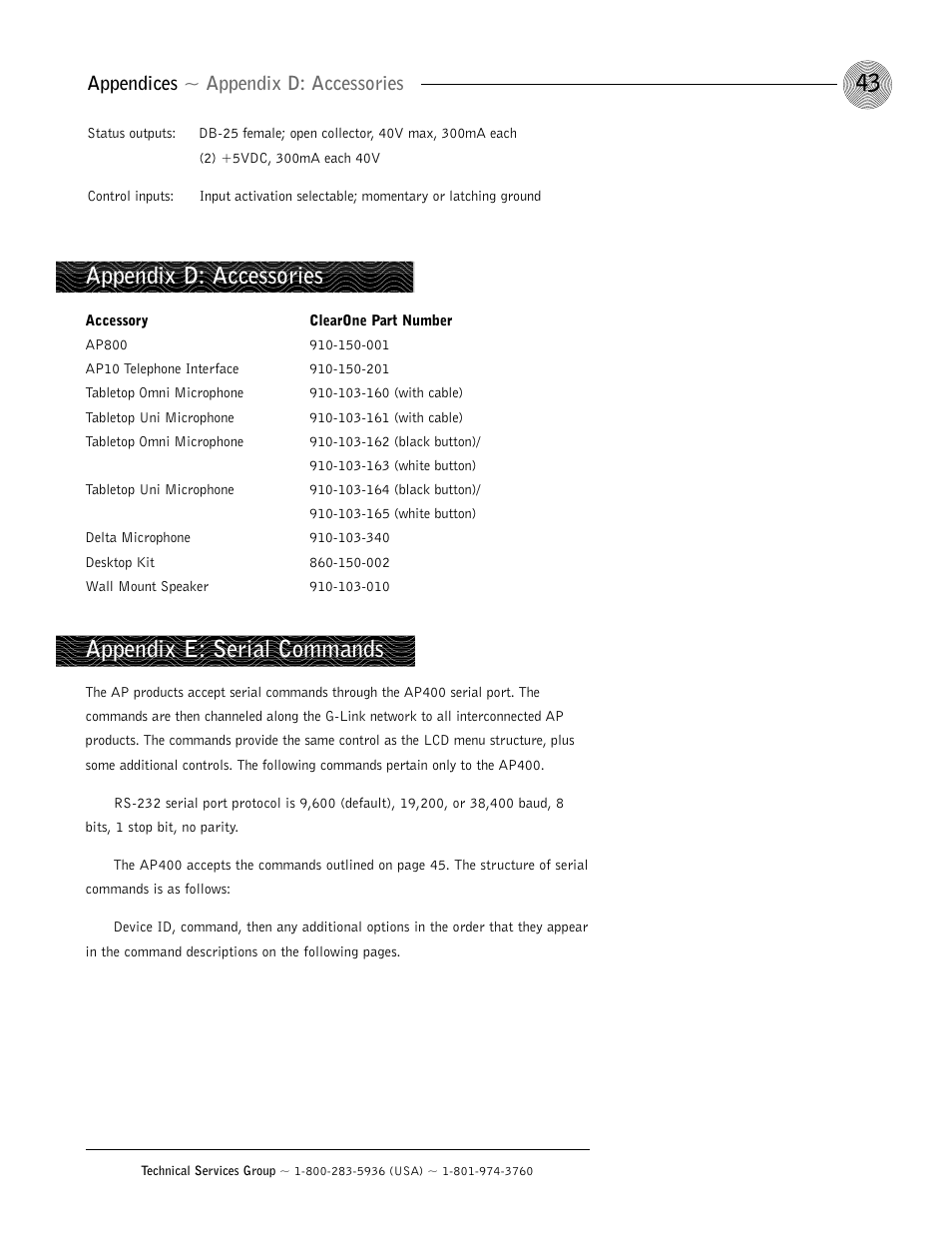 Appendix d: accessories, Appendix e: serial commands, Appendices ~ appendix d: accessories | ClearOne AP400 User Manual | Page 47 / 74