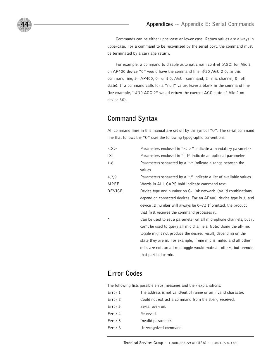 Command syntax, Error codes, Appendices ~ appendix e: serial commands | ClearOne AP400 User Manual | Page 48 / 74
