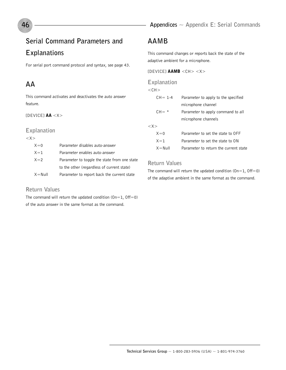 Serial command parameters and explanations, Aamb | ClearOne AP400 User Manual | Page 50 / 74