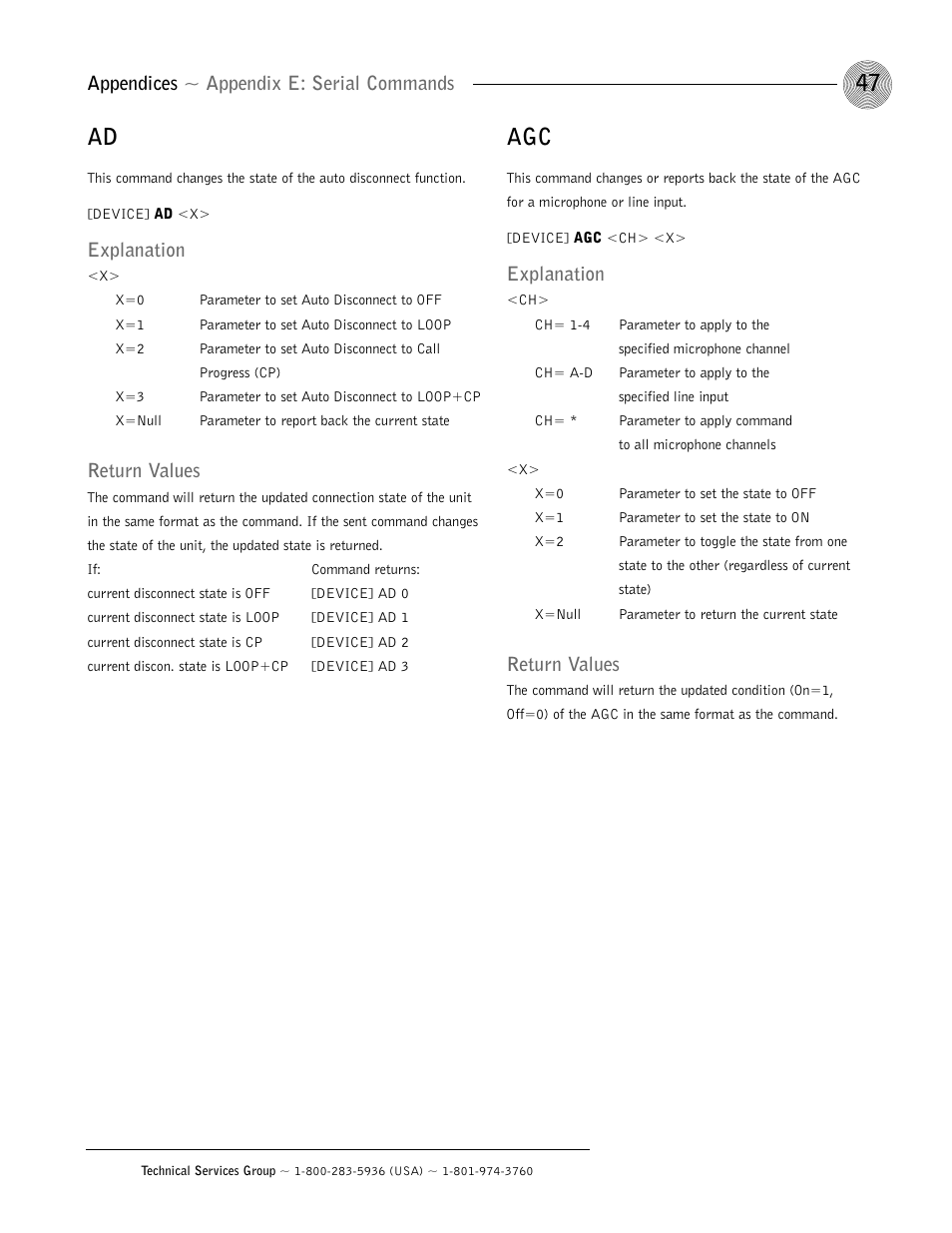 Appendices ~ appendix e: serial commands, Explanation, Return values | ClearOne AP400 User Manual | Page 51 / 74