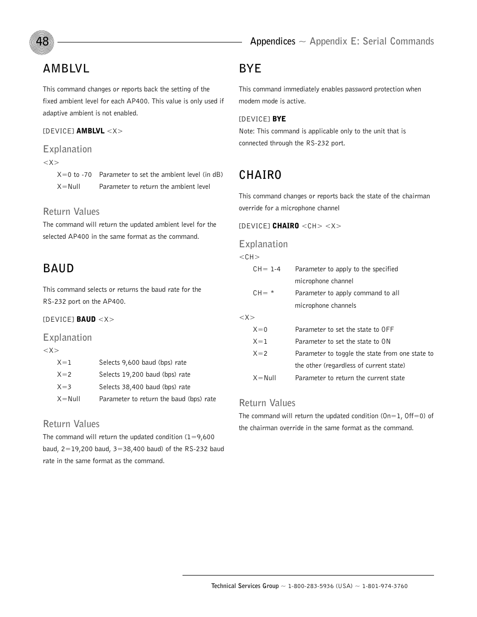 Amblvl, Baud, Chairo | Appendices ~ appendix e: serial commands, Explanation, Return values | ClearOne AP400 User Manual | Page 52 / 74