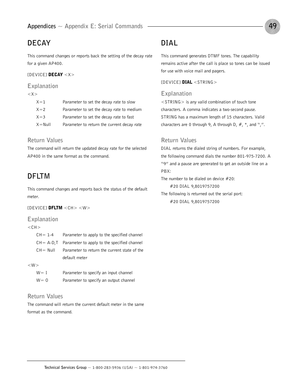 Decay, Dfltm, Dial | Appendices ~ appendix e: serial commands, Explanation, Return values | ClearOne AP400 User Manual | Page 53 / 74