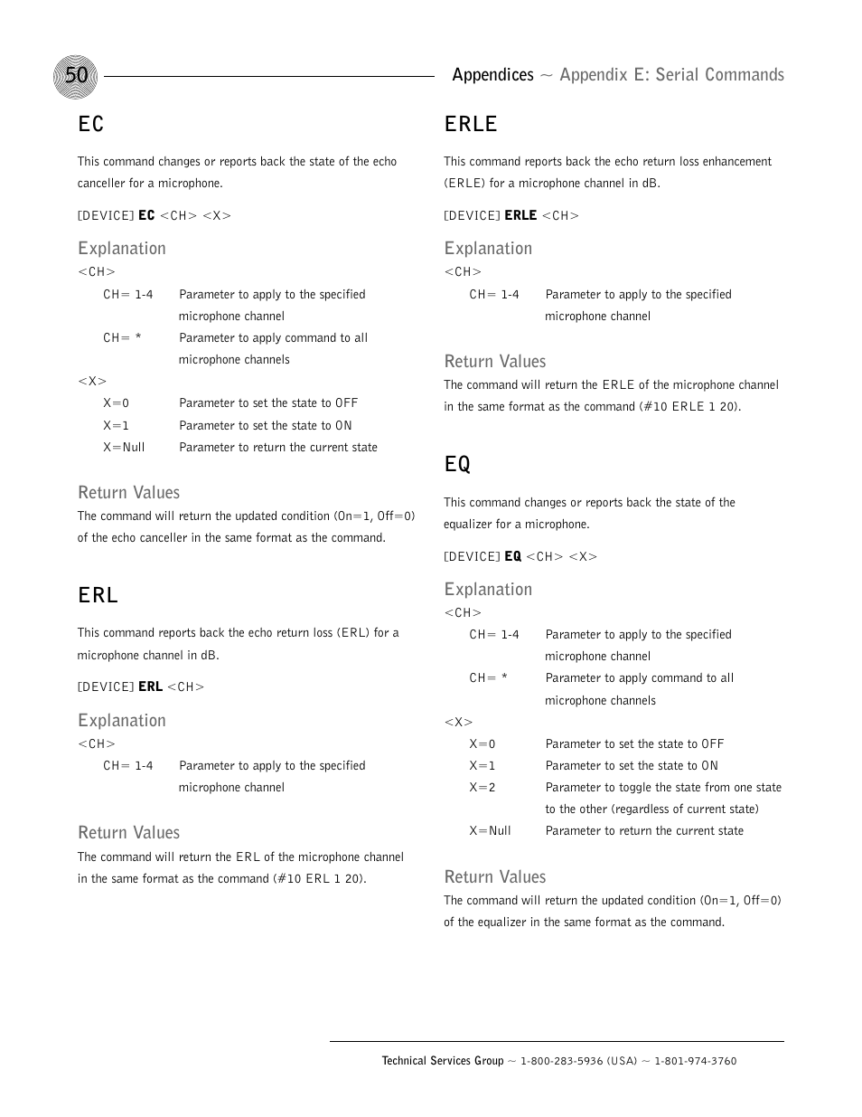 Erle, Appendices ~ appendix e: serial commands, Explanation | Return values | ClearOne AP400 User Manual | Page 54 / 74