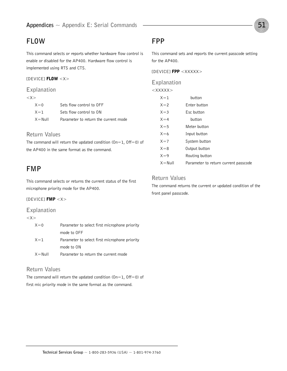 Flow, Appendices ~ appendix e: serial commands, Explanation | Return values | ClearOne AP400 User Manual | Page 55 / 74