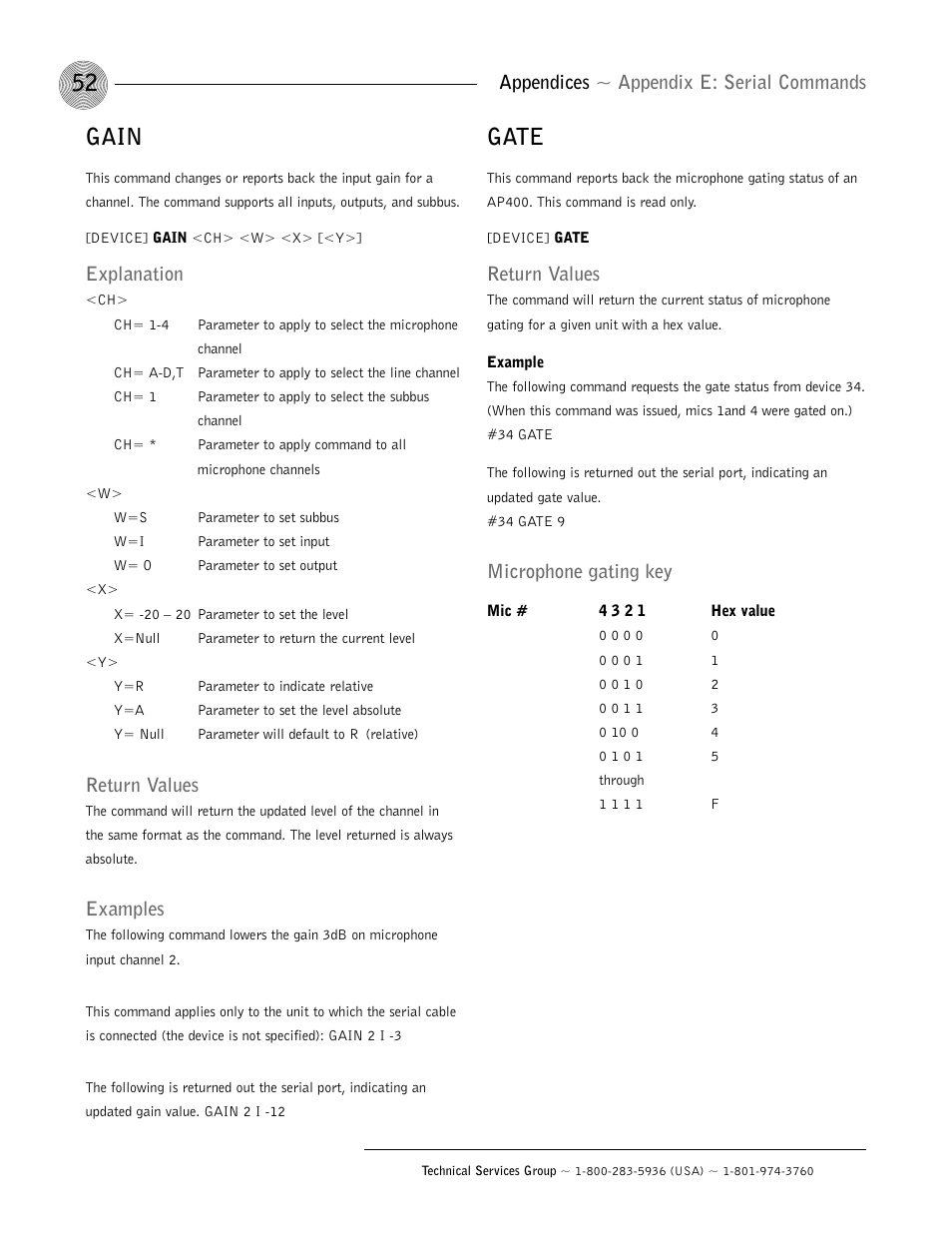 Gain, Gate, Appendices ~ appendix e: serial commands | Explanation, Return values, Examples, Microphone gating key | ClearOne AP400 User Manual | Page 56 / 74