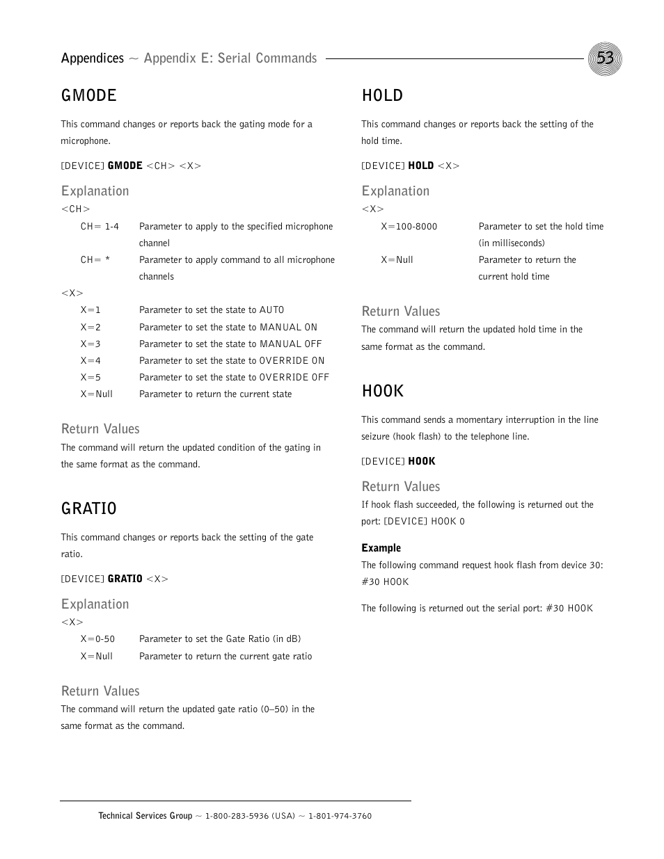 Gmode, Gratio, Hold | Hook, Appendices ~ appendix e: serial commands, Explanation, Return values | ClearOne AP400 User Manual | Page 57 / 74