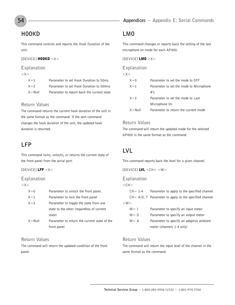 Hookd, Appendices ~ appendix e: serial commands, Explanation | Return values | ClearOne AP400 User Manual | Page 58 / 74