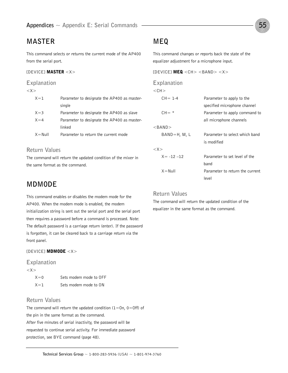 Master, Mdmode, Appendices ~ appendix e: serial commands | Explanation, Return values | ClearOne AP400 User Manual | Page 59 / 74