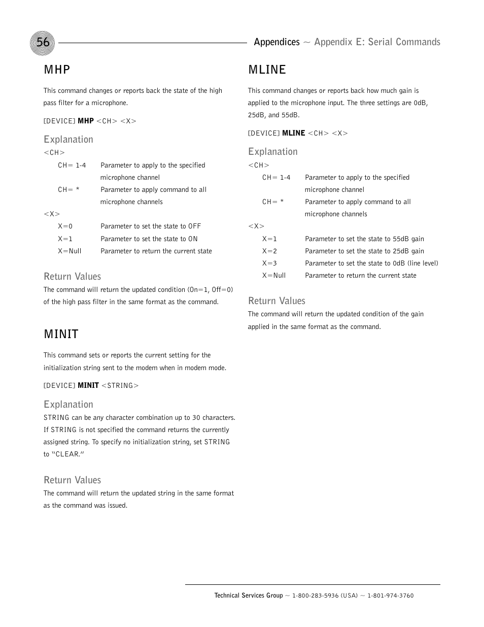 Minit, Mline, Appendices ~ appendix e: serial commands | Explanation, Return values | ClearOne AP400 User Manual | Page 60 / 74