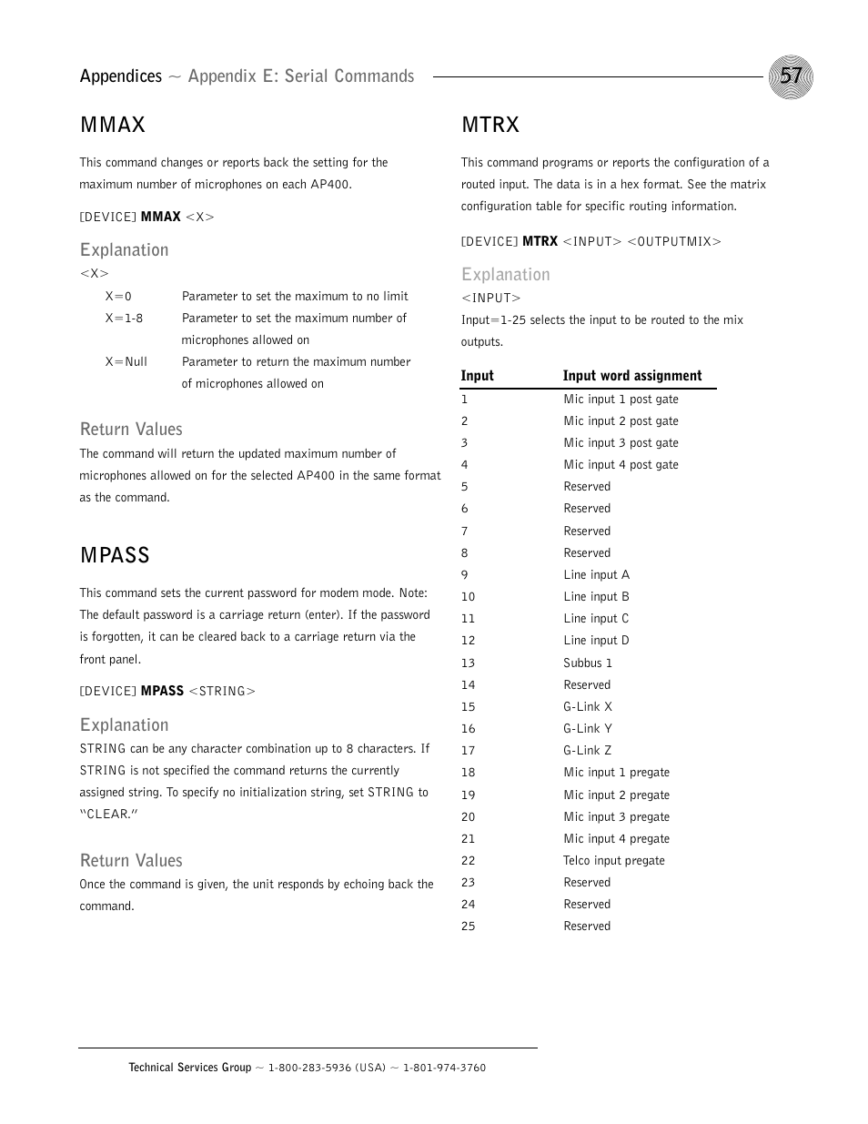 Mmax, Mpass, Mtrx | Appendices ~ appendix e: serial commands, Explanation, Return values | ClearOne AP400 User Manual | Page 61 / 74