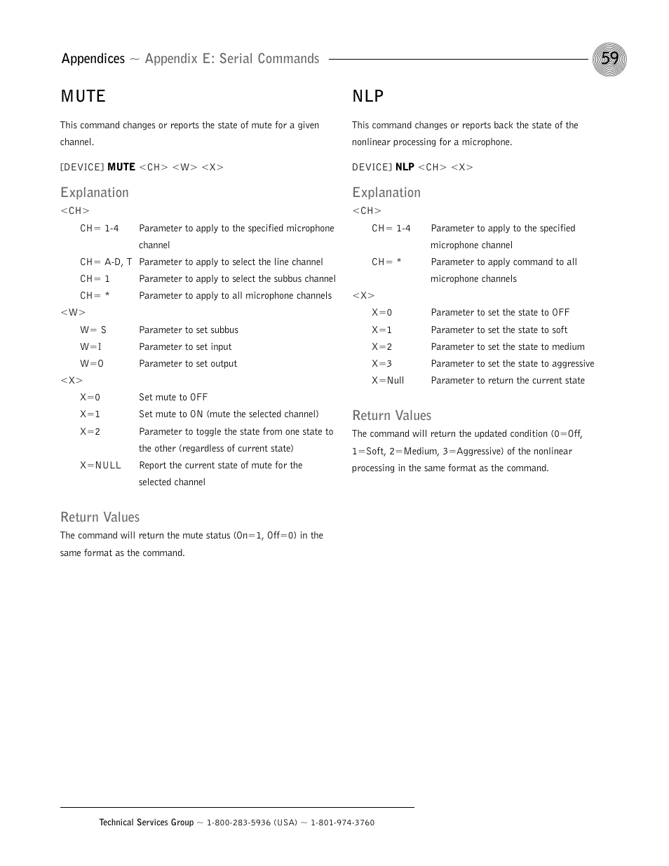 Mute, Appendices ~ appendix e: serial commands, Explanation | Return values | ClearOne AP400 User Manual | Page 63 / 74