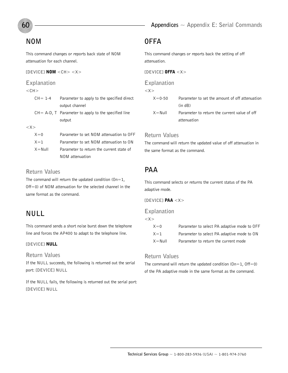 Null, Offa, Appendices ~ appendix e: serial commands | Explanation, Return values | ClearOne AP400 User Manual | Page 64 / 74