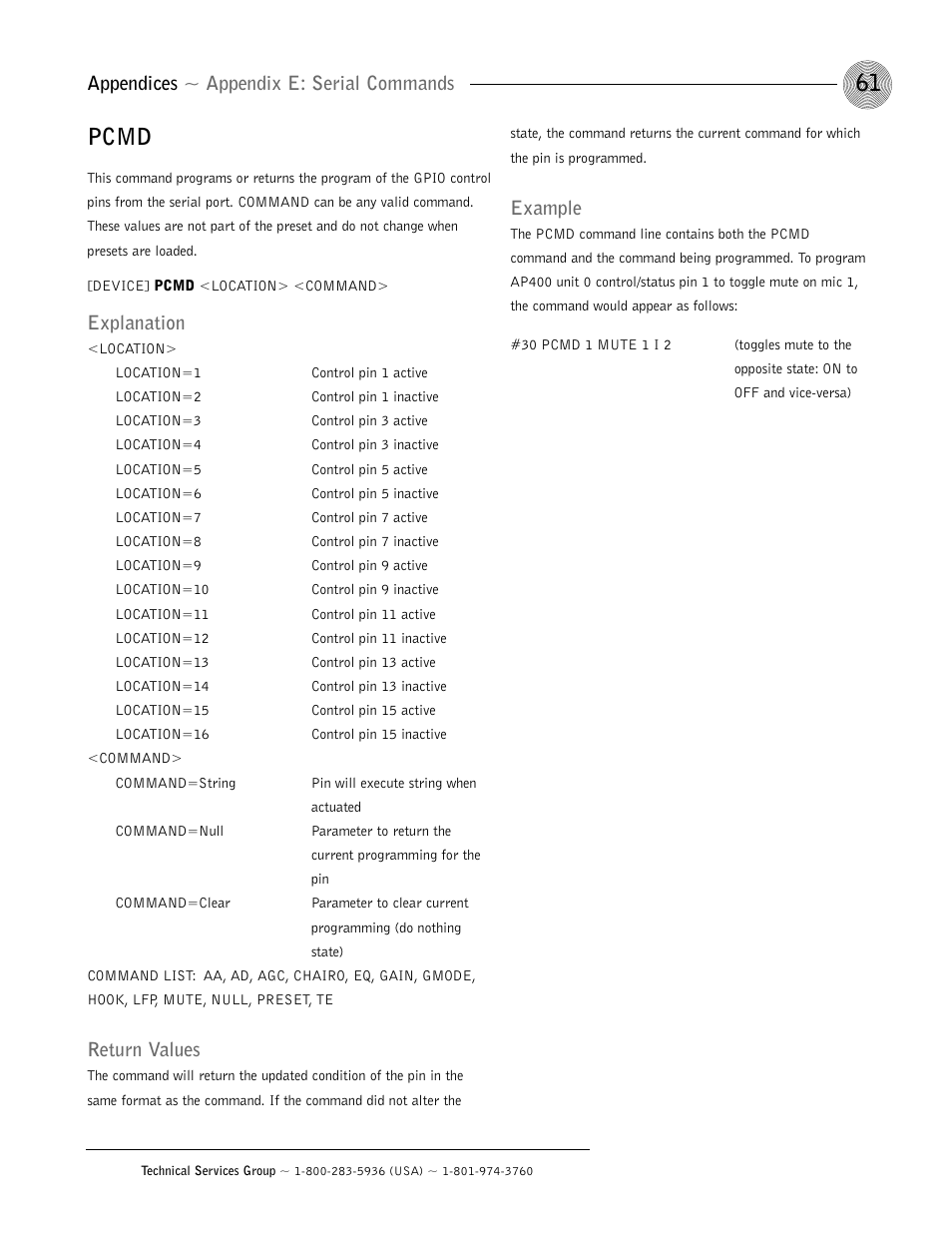 Pcmd, Appendices ~ appendix e: serial commands, Explanation | Return values, Example | ClearOne AP400 User Manual | Page 65 / 74