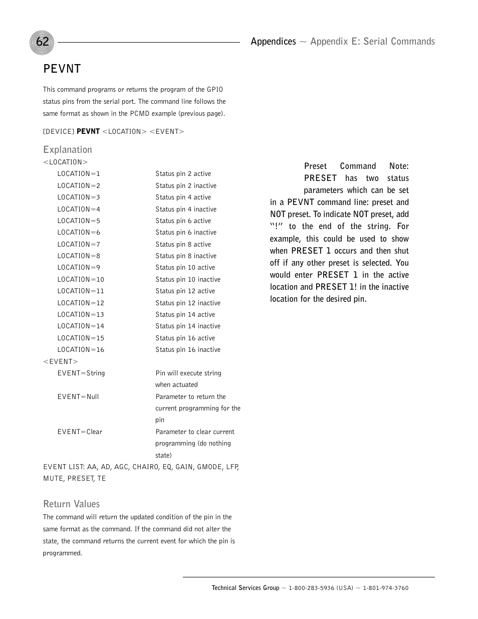 Pevnt, Appendices ~ appendix e: serial commands, Explanation | Return values | ClearOne AP400 User Manual | Page 66 / 74