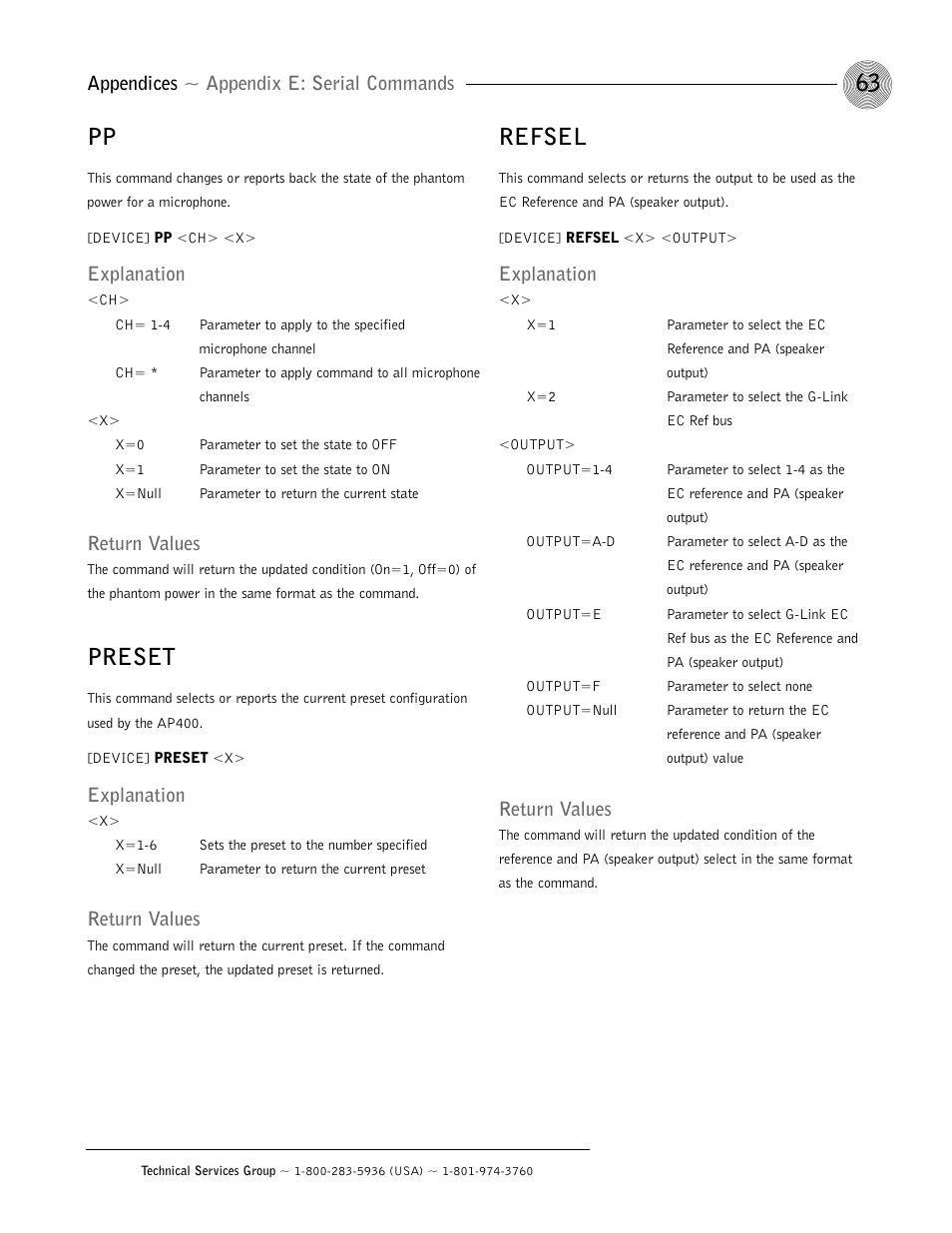 Preset, Refsel, Appendices ~ appendix e: serial commands | Explanation, Return values | ClearOne AP400 User Manual | Page 67 / 74