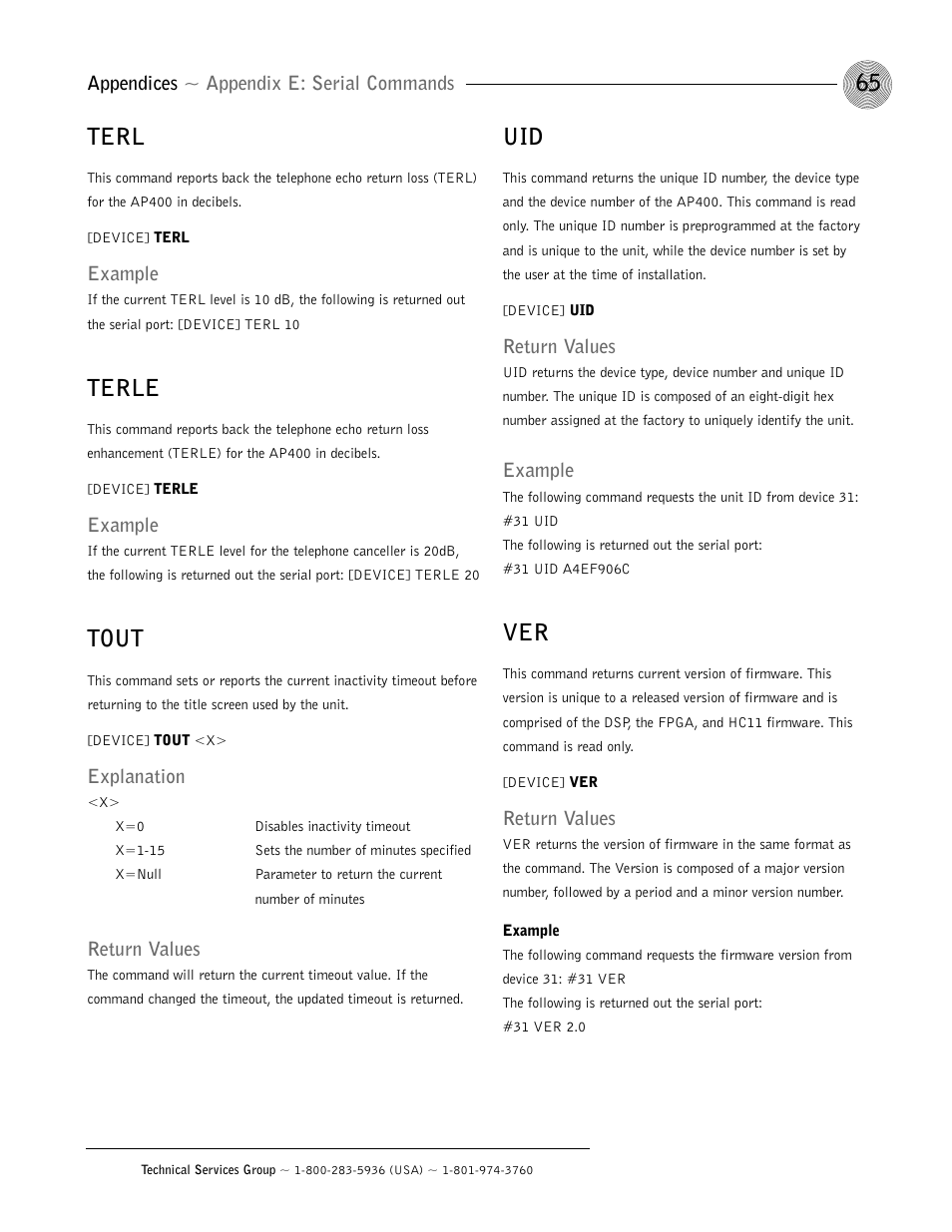 Terl, Terle, Tout | Appendices ~ appendix e: serial commands, Example, Explanation, Return values | ClearOne AP400 User Manual | Page 69 / 74