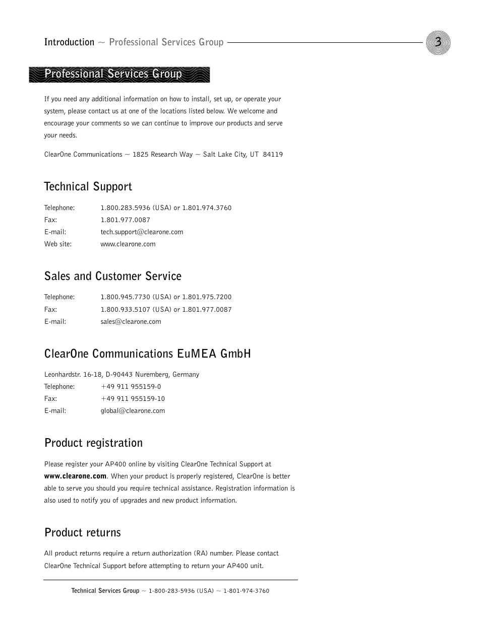 Technical support, Sales and customer service, Clearone communications eumea gmbh | Product registration, Product returns, Professional services group | ClearOne AP400 User Manual | Page 7 / 74