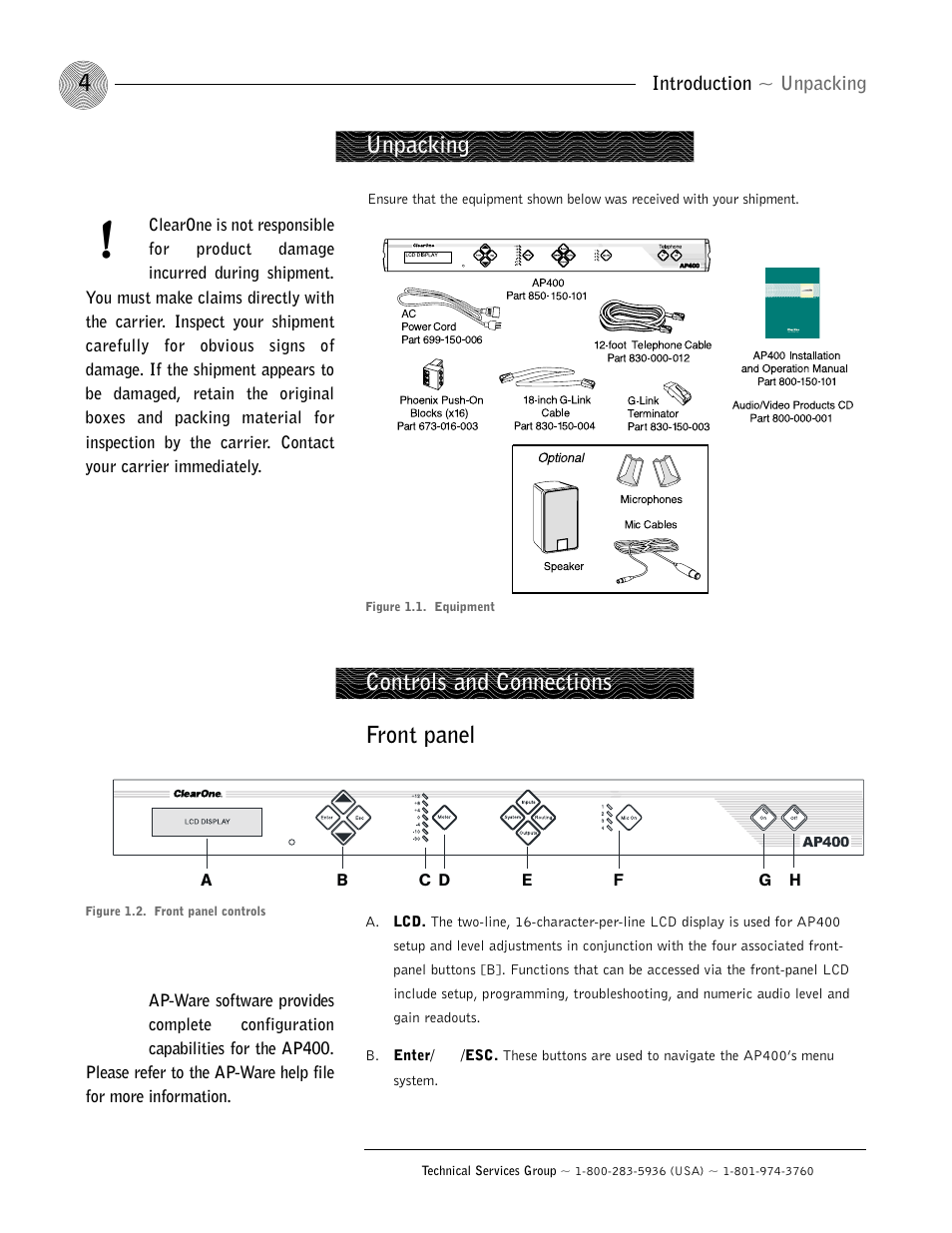 Unpacking, Controls and connections, Front panel | ClearOne AP400 User Manual | Page 8 / 74